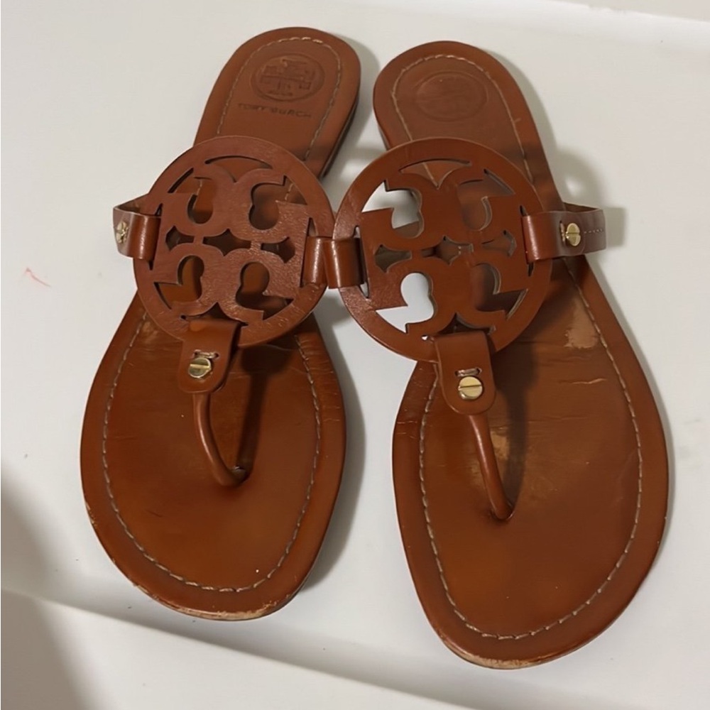 Tory Burch Brown Leather Sandals with T-Strap Design